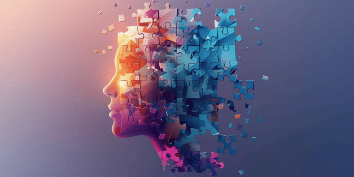 A colorful head made of diverging puzzle pieces