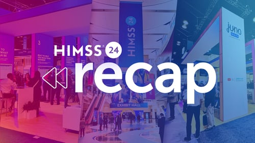 HIMSS24 logo with a rewind symbol and recap overlaid various images from the event.