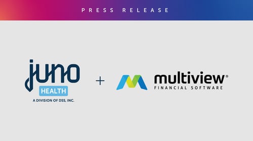 Press release announcement showing partnership between Juno Health (a division of DSS, Inc.) and Multiview Financial Software, with both company logos connected by a plus sign on a gradient background.
