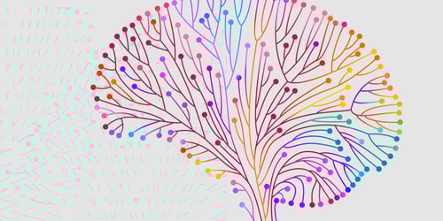 Multi-colored lines representing neurostranmitters in the shape of a brain.
