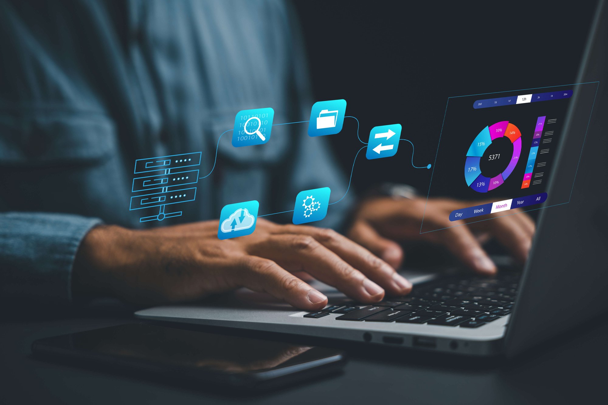 Abstract workflows concept showing hands on a laptop keyboard with hovering blue icons of gears, folders, arrows, and a magnifying glass