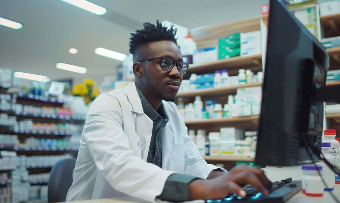 Pharmacy Tech working at computer