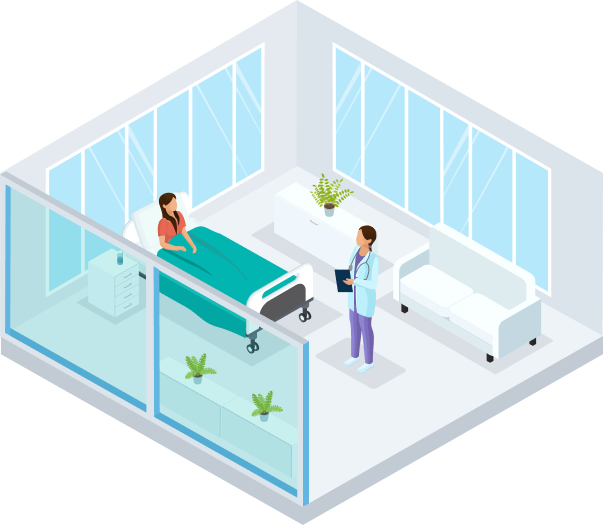 Clickable interactive illustration of a clinician in a hospital using an EHR to ensure their patient receives the highest-quality care