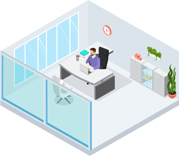 Clickable interactive illustration of a hospital CEO in their office researching EHR solutions that streamline workflows for clinical staff and enhance quality of patient care