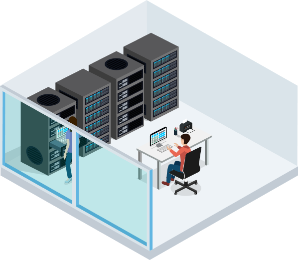 Clickable interactive illustration of a CTO in a server room at a hospital leveraging tech for care delivery