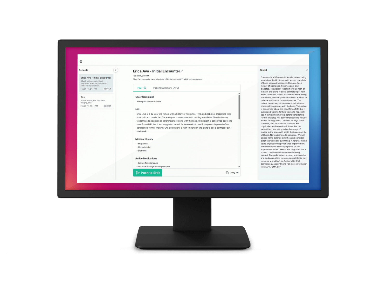 A computer monitor displaying a Juno EHR + AVO UI