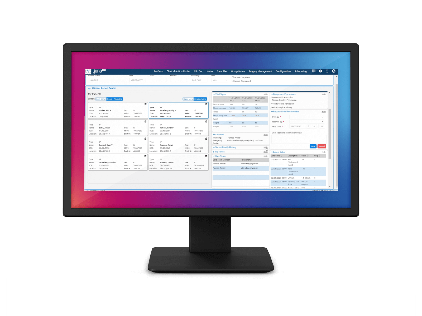 A computer monitor displaying a Juno EHR Clinical Action Center UI