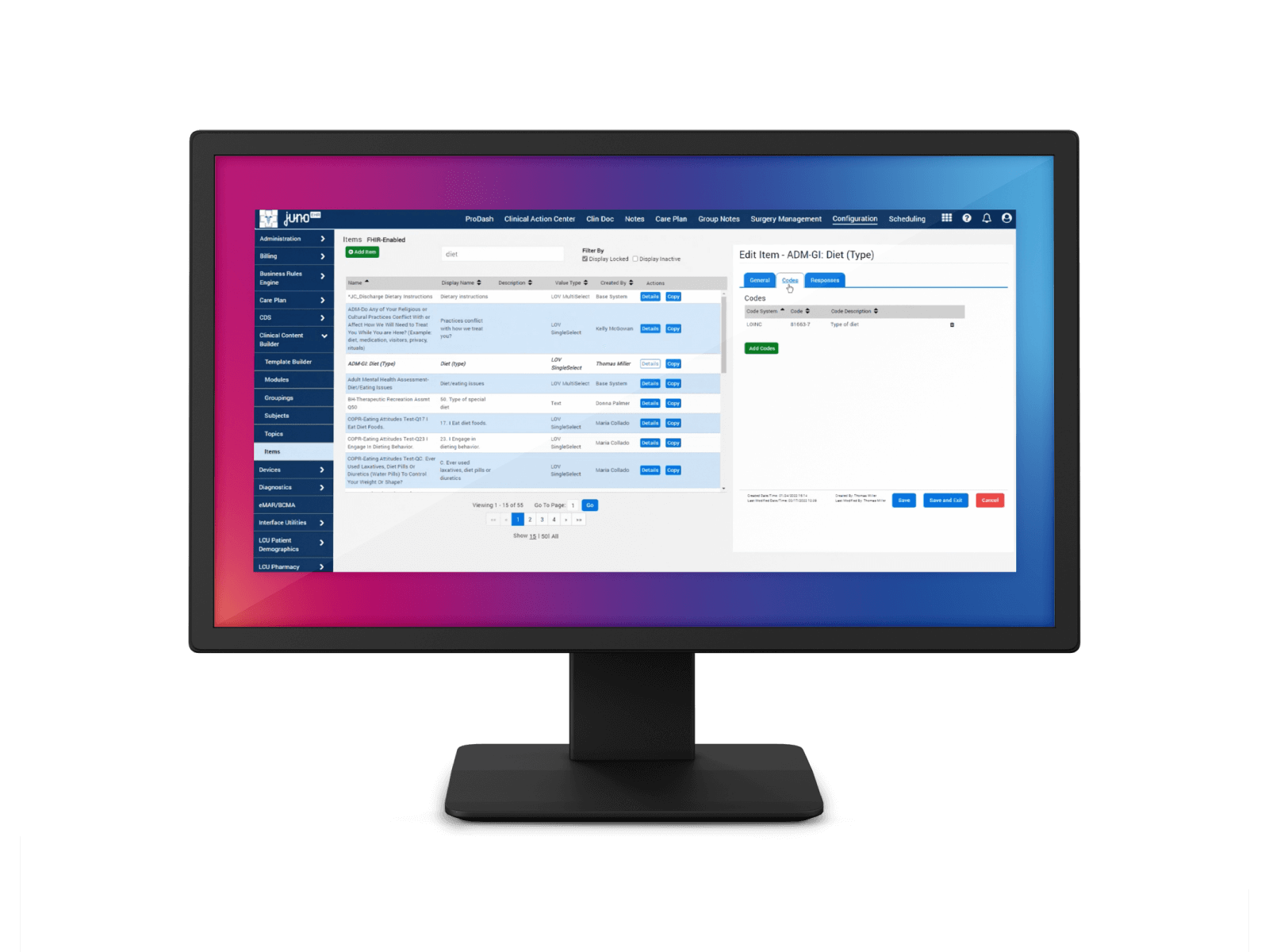 A computer monitor displaying a Juno EHR Clinical Content Builder UI
